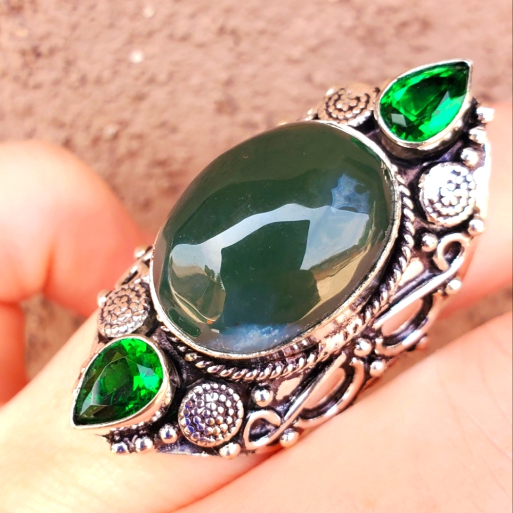 New Huge Moss Agate and Peridot 925 Silver Statement Ring.